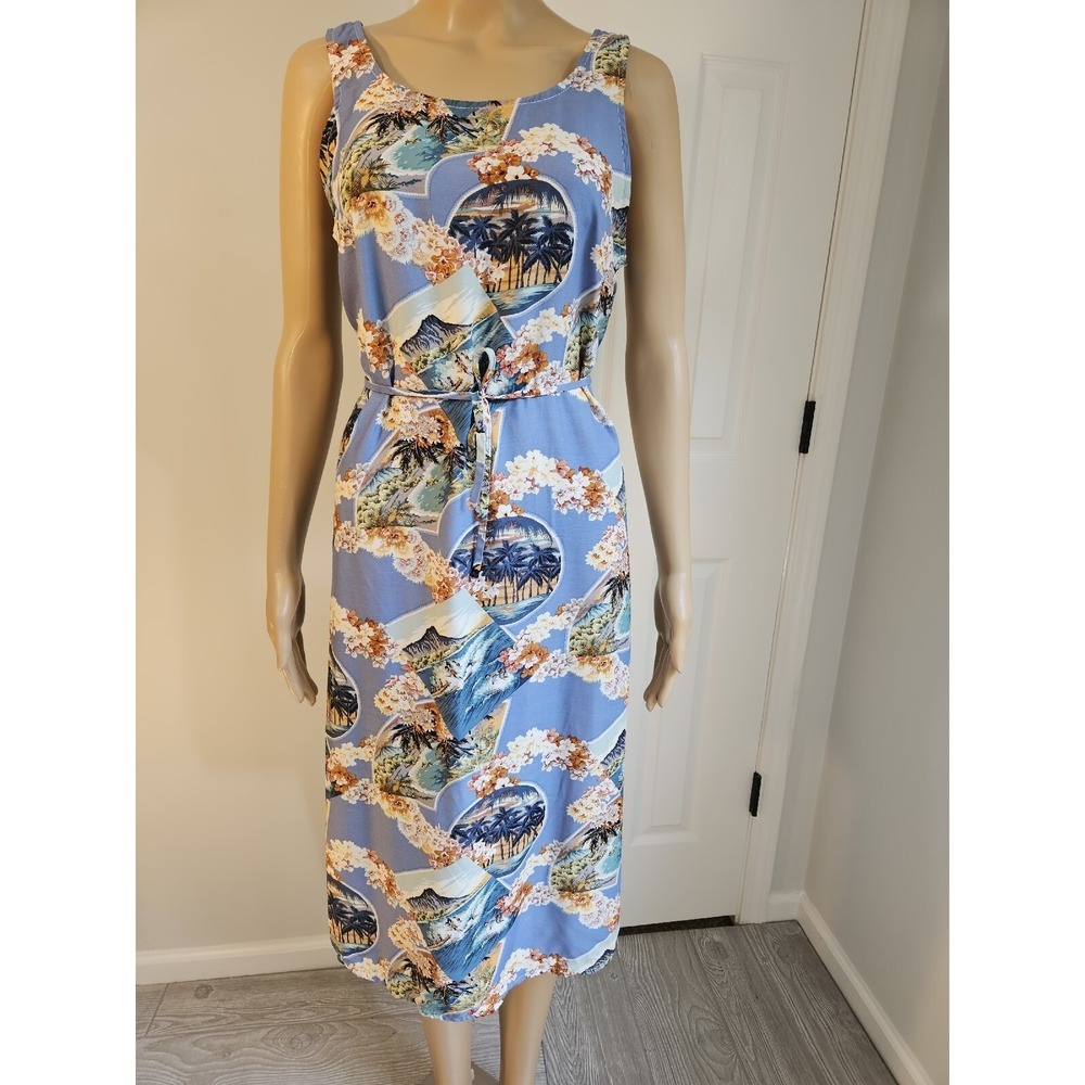 Piccalino Petite Womens Blue Tropical Hawaiian Surfer Print Belted Midi Dress